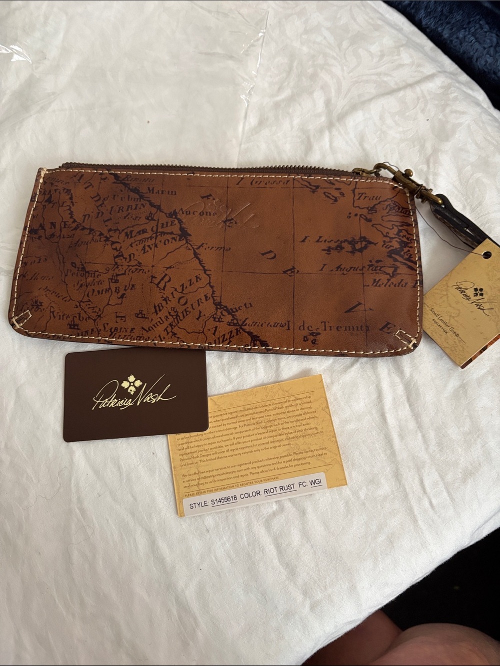 Patricia Nash Brown Map-Print Croce Leather Zip Wristlet